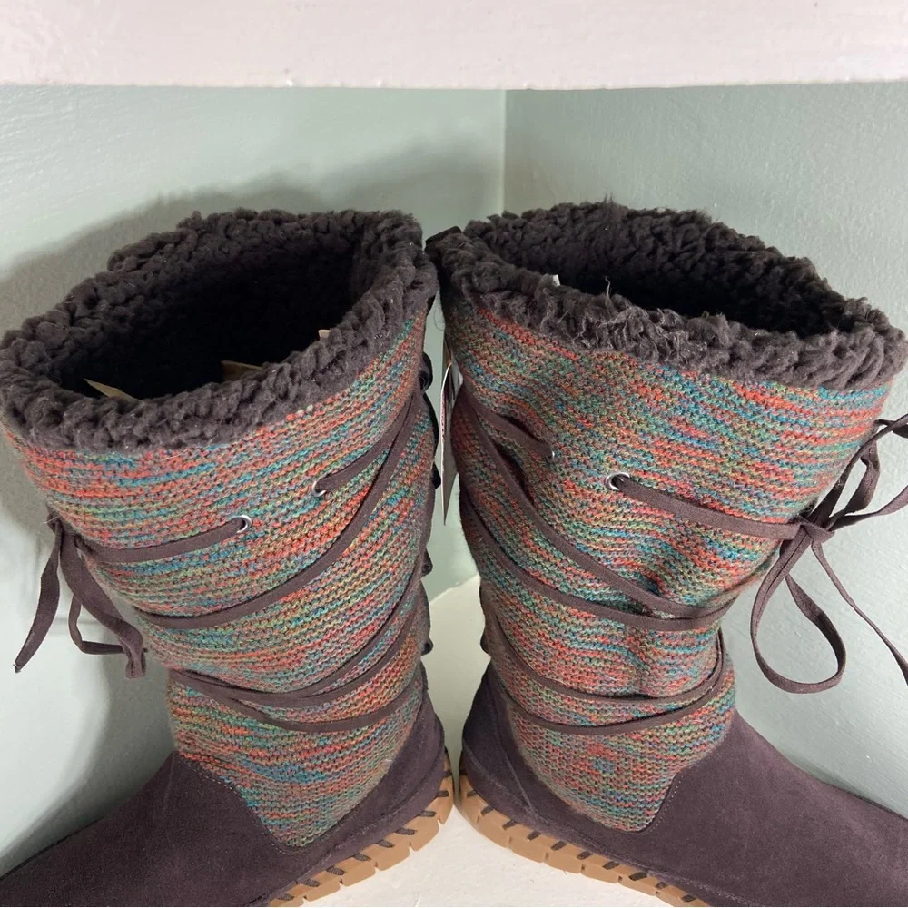 NWT Muk Luks Flexi New York Chocolate Brown Suede Fabric Boots Faux-Shearling